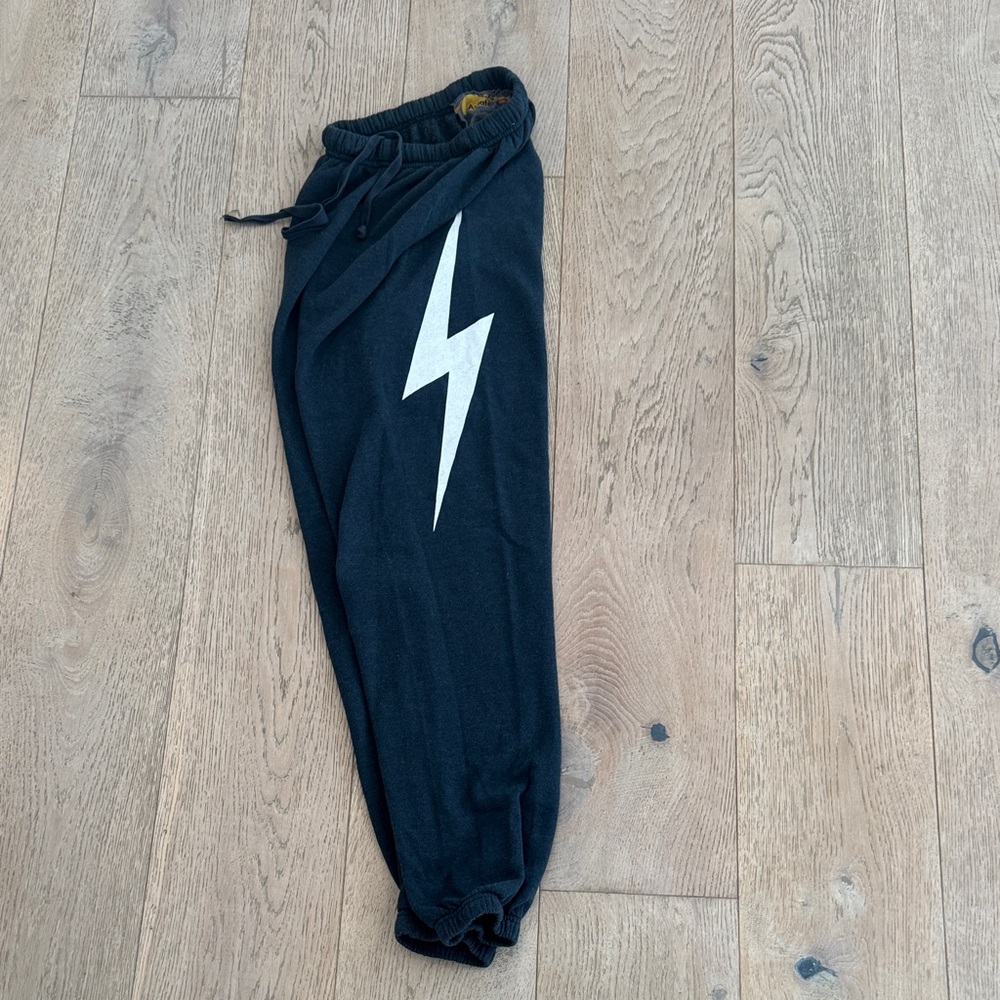 Aviator Nation. Size XS. Black Joggers with White Lightning Bolt